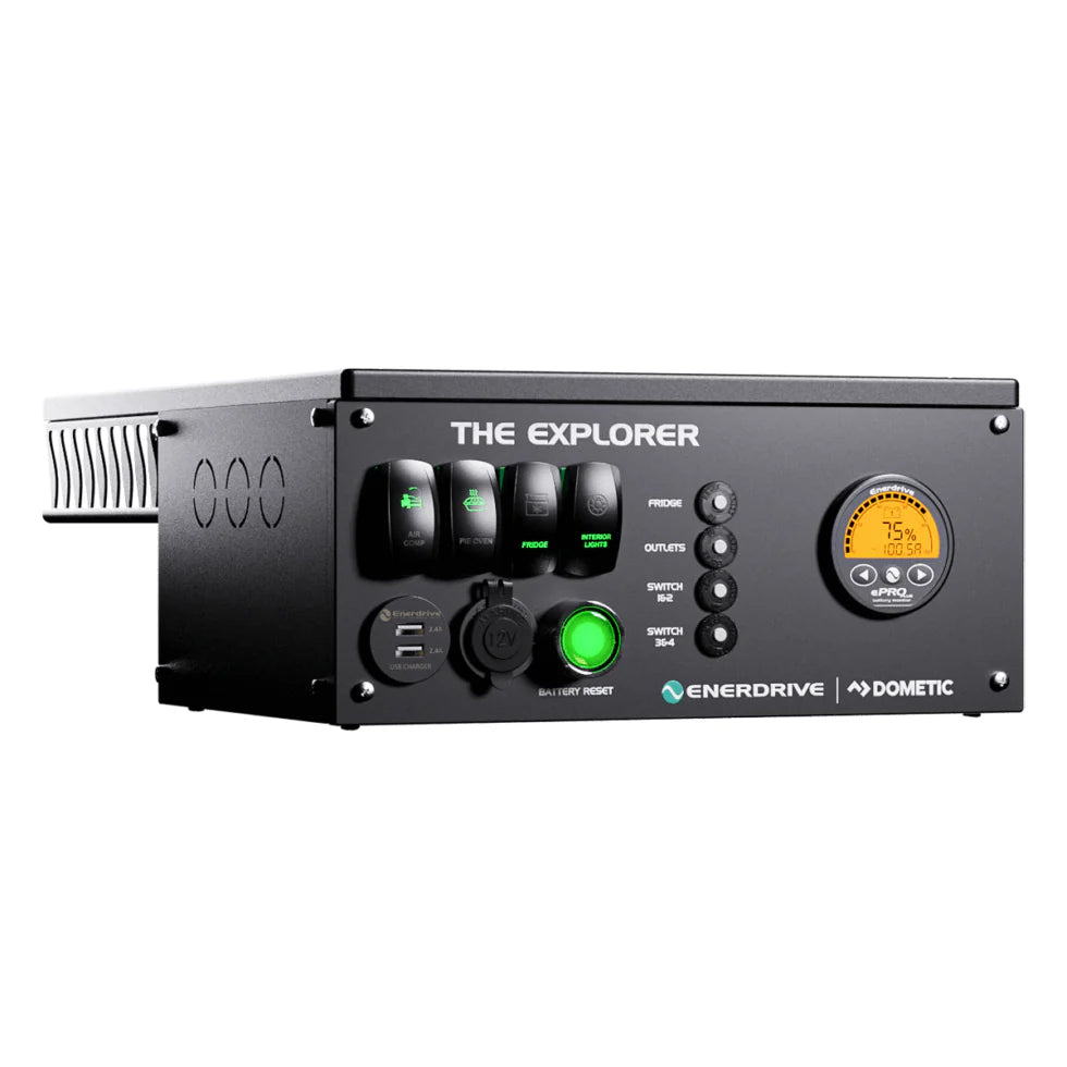 Horizontal black canopy power system with pushbutton circuit breakers and rocker switches