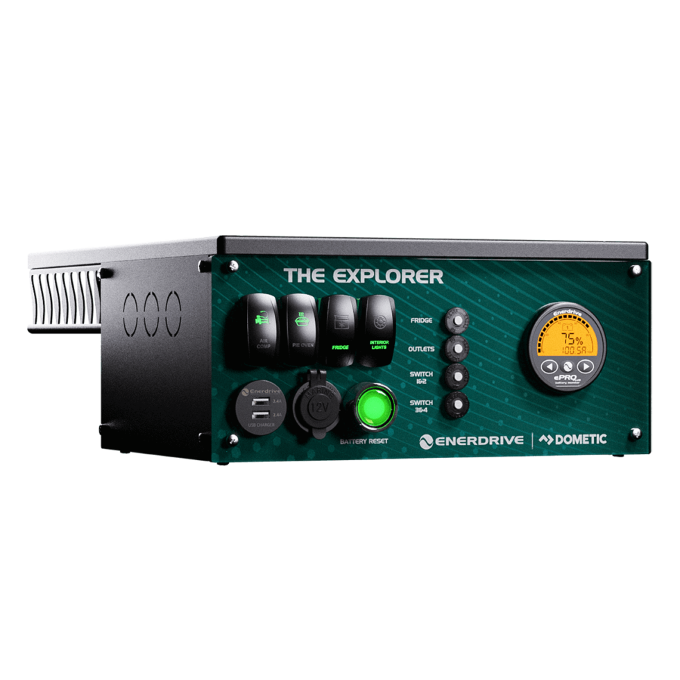 Horizontal green canopy power system with illuminated switches and battery monitor