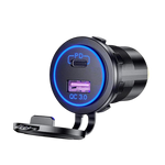 Angled view of flush mount socket with blue LED ring illuminated, open cap, USB-C and USB-A ports