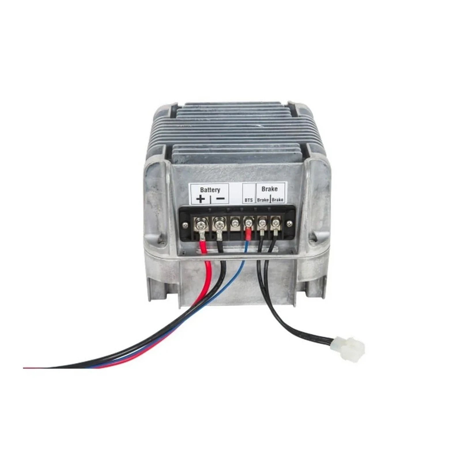 Rear view of industrial battery charger showing protected screw terminal block for wiring