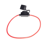 Inline standard blade fuse holder with red 14AWG wire loop and open waterproof cap