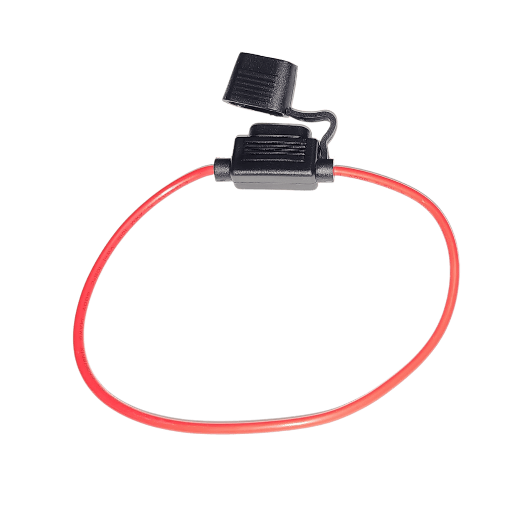 Inline standard blade fuse holder with red 14AWG wire loop and open waterproof cap