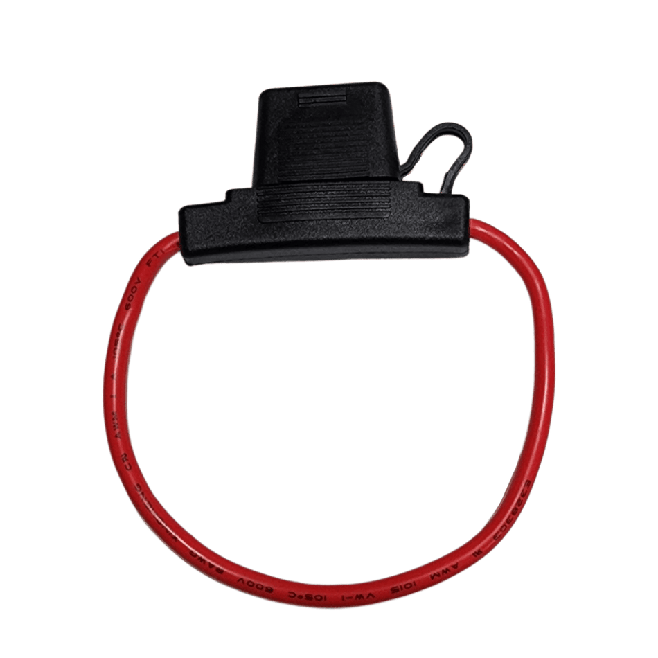 Red 8AWG inline maxi fuse holder with protective dust cap and cable loop