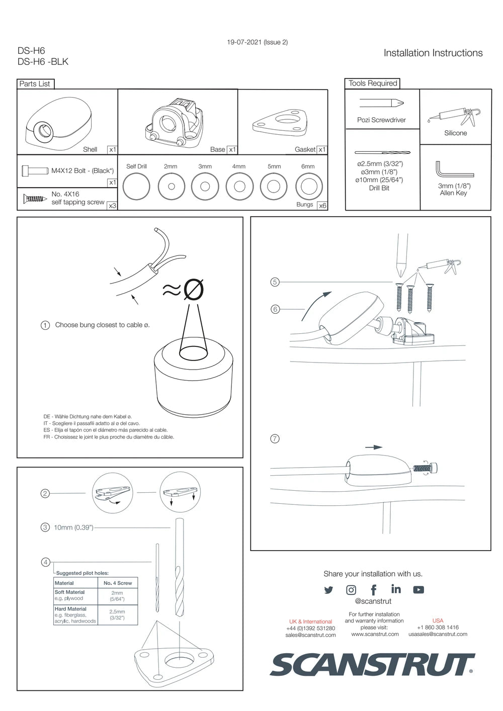 Installation guide for horizontal cable seal showing parts and assembly steps