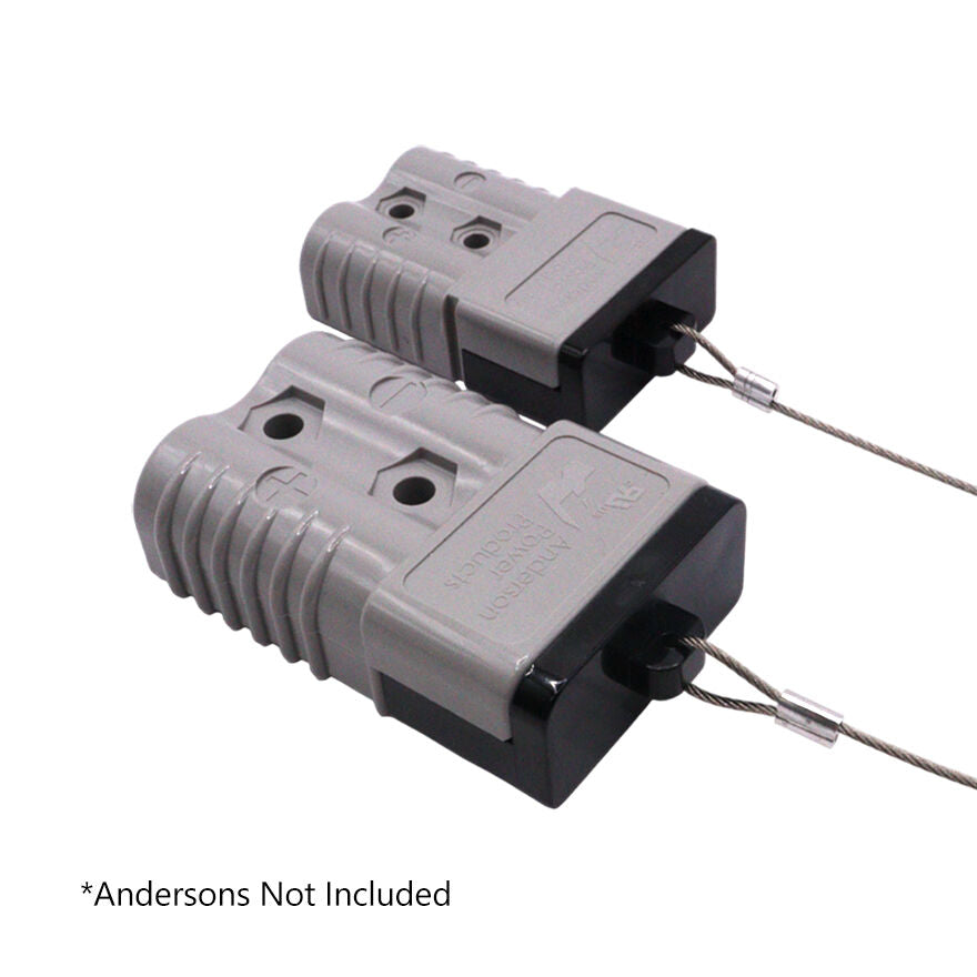 Two grey 120A Anderson plugs with black dust covers installed on the mating face