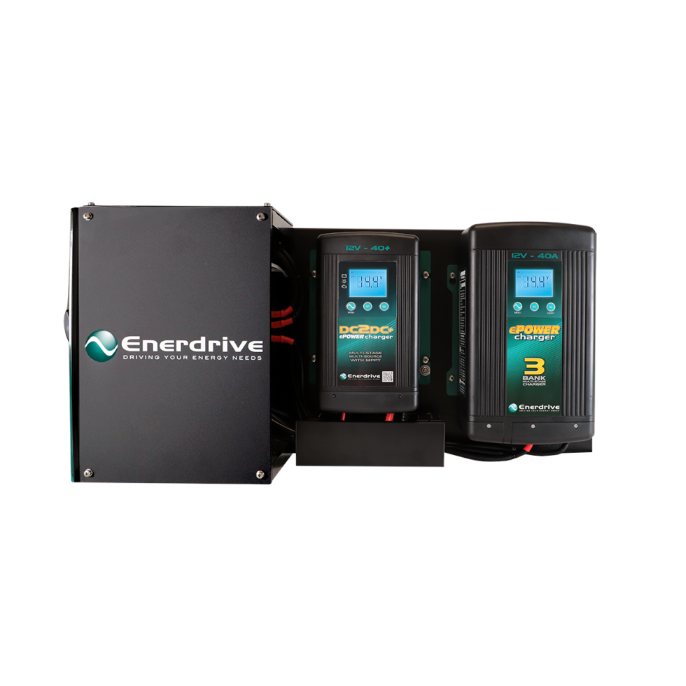 Side view of canopy power system showing the integrated 40A DC2DC and 40A AC battery chargers