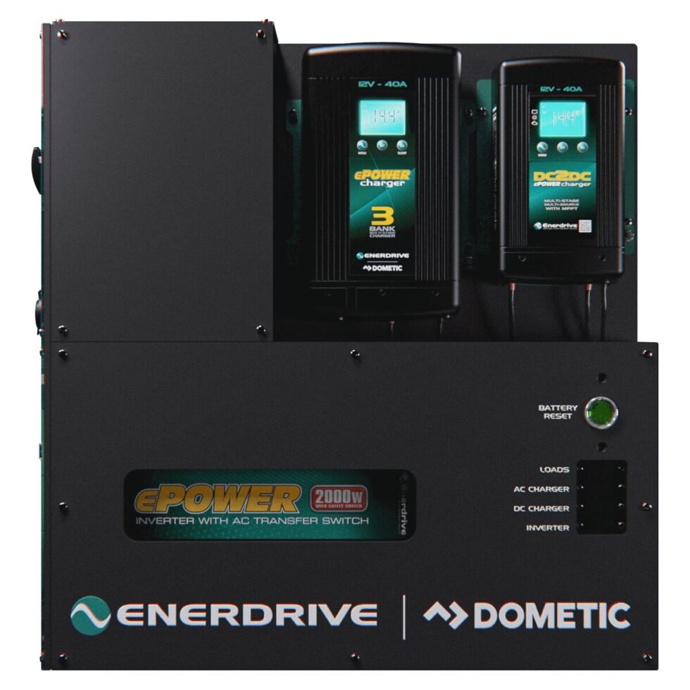 Side view of Enerdrive 40A AC and 40A DC2DC battery chargers integrated into the system