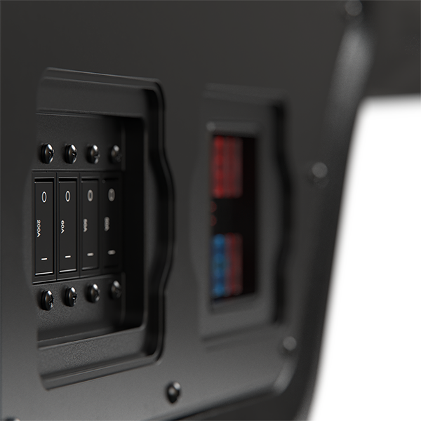 Internal view of labelled 200A and 60A circuit breakers within the Journeyman power system