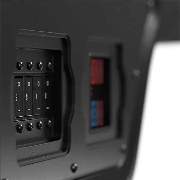 Internal view of labelled 200A and 60A circuit breakers within the Journeyman power system