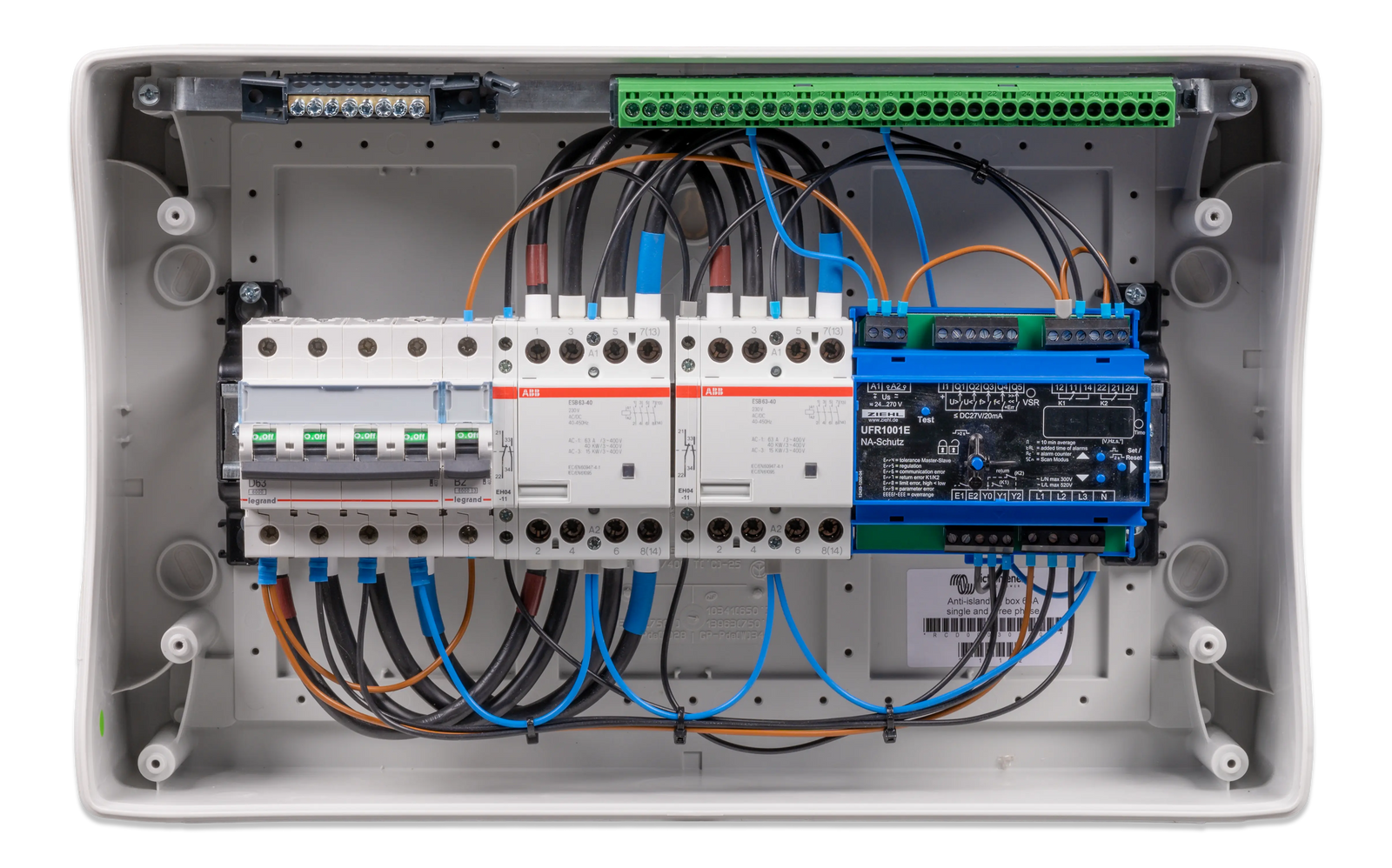 Internal view showing Ziehl relay, contactors and circuit breaker wiring