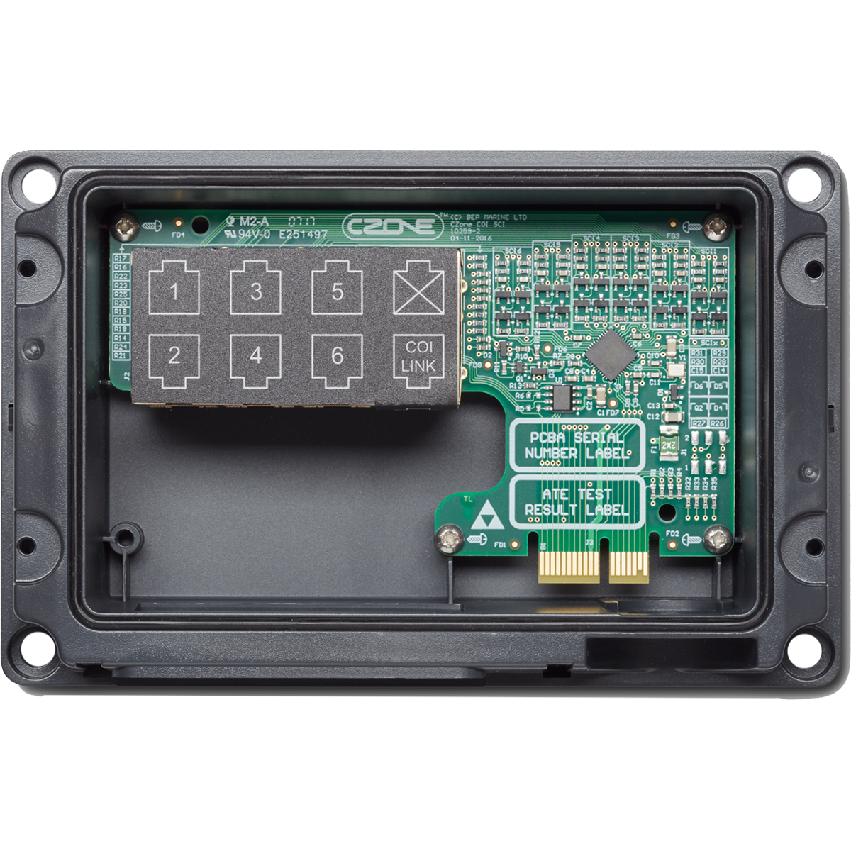 Internal technical view of the CZone COI breakout interface PCB showing terminals