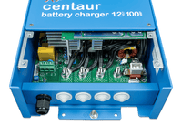 Close-up of internal circuitry and DC output terminals for battery connection