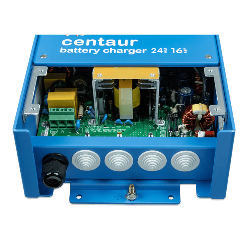 Internal view of Victron Centaur charger base showing circuit board and connection terminals