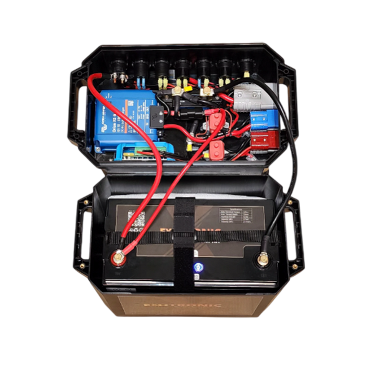 Internal view of pre-wired battery box showing Victron components and secure wiring