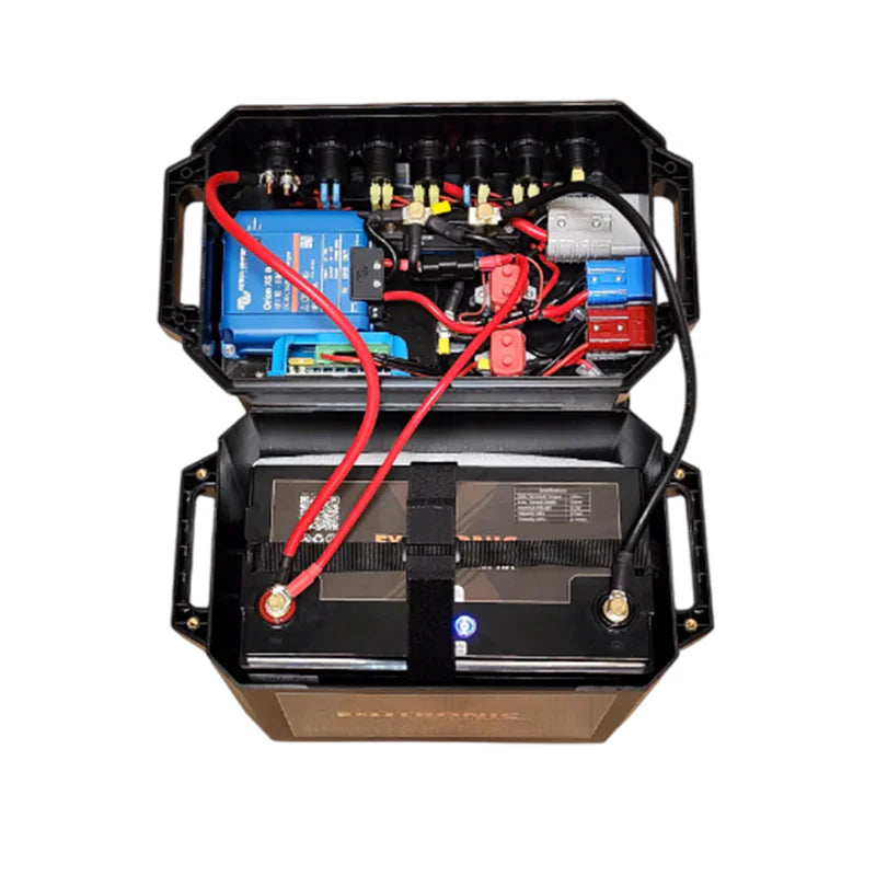 Internal view of pre-wired battery box showing Victron components and secure wiring