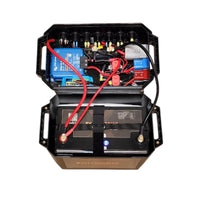 Internal view of pre-wired battery box showing Victron components and secure wiring