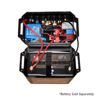 Open battery box lid showing internal wiring, Victron Orion XS charger and fuse layout