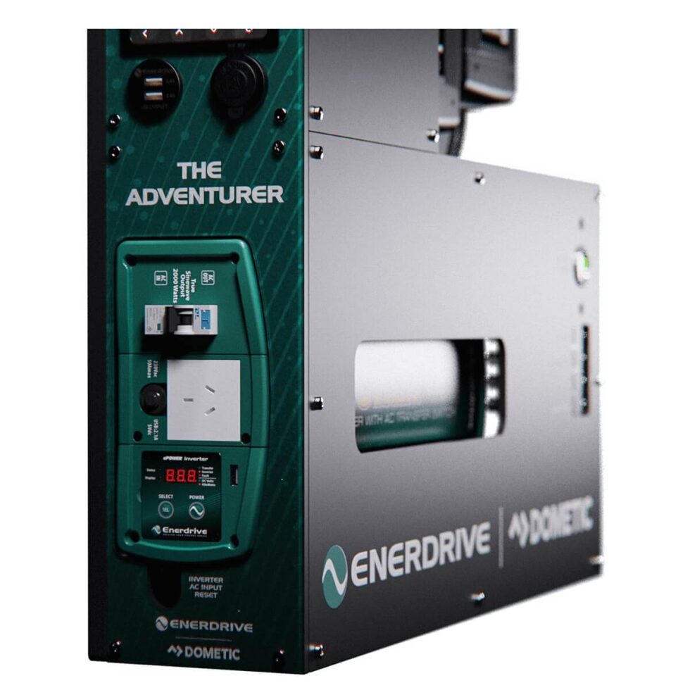 Close-up of 2000W inverter control panel with RCD safety switch and powerpoints