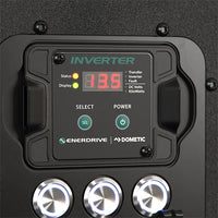 Detail of the 2000W inverter remote display and three illuminated accessory pushbutton switches
