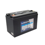 Angled view of Invicta 12V 100Ah hybrid lithium battery showing terminals and carry handle