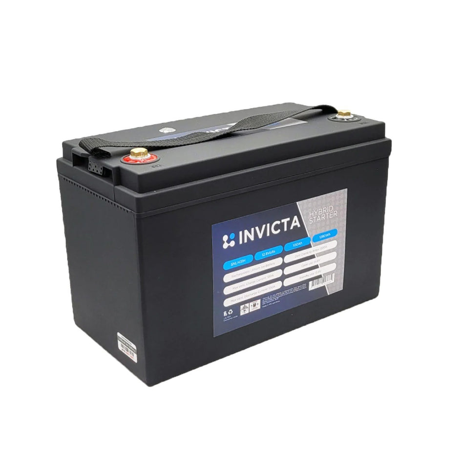Angled view of Invicta 12V 100Ah hybrid lithium battery showing terminals and carry handle