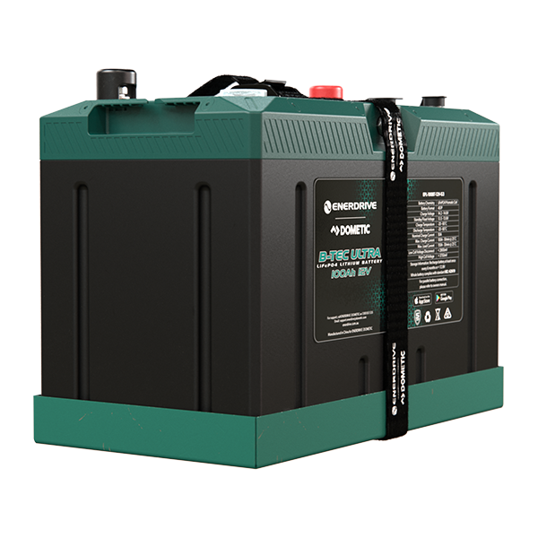 Side perspective of the rugged 100Ah lithium battery showing carry handles and textured green lid