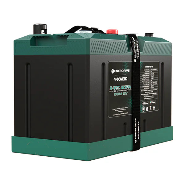 Side perspective of the rugged 100Ah lithium battery showing carry handles and textured green lid
