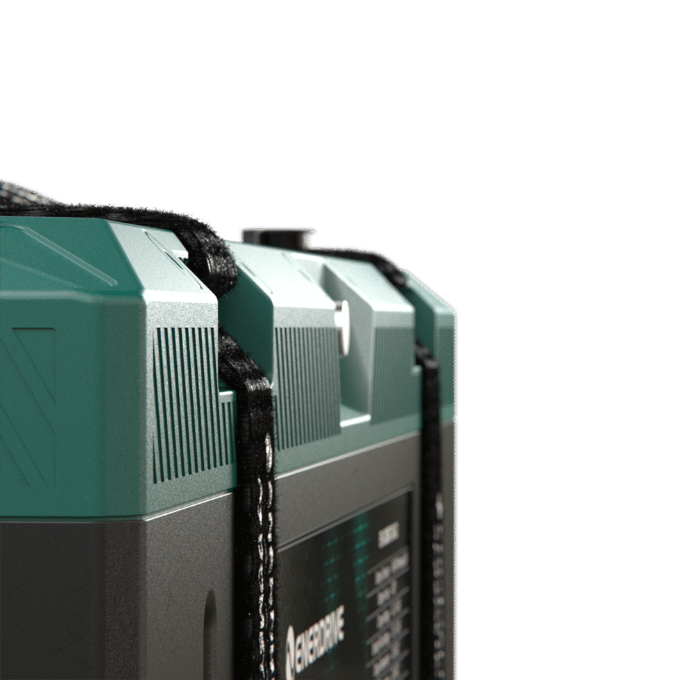Side angle of textured green IP67 waterproof battery housing and strap