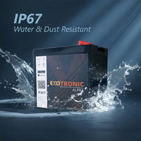 48V battery submerged in splashing water demonstrating IP67 water and dust resistance