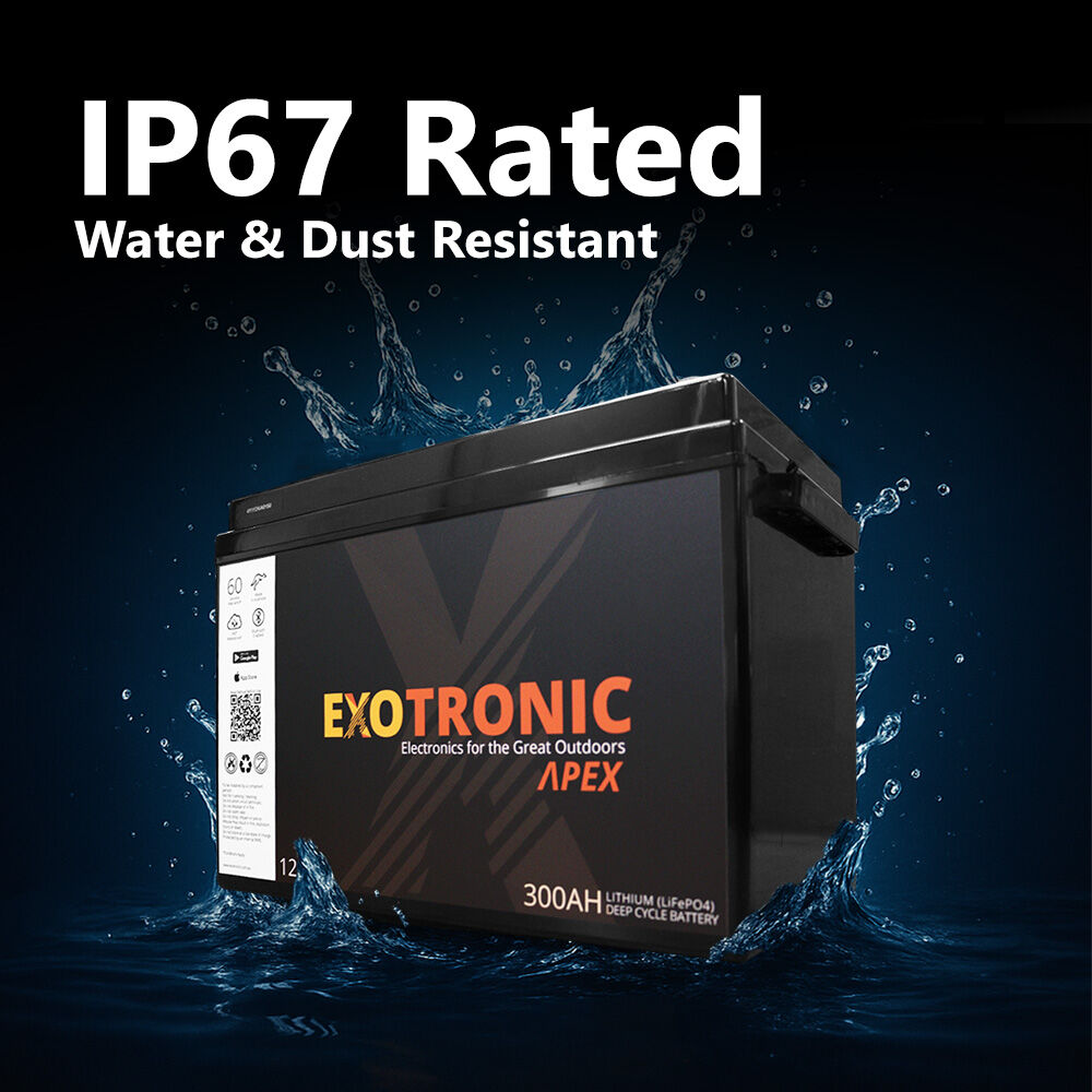 Battery submerged in splashing water graphic illustrating IP67 water and dust resistance rating