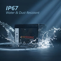 Exotronic Alpha battery splashed with water demonstrating IP67 water and dust resistance