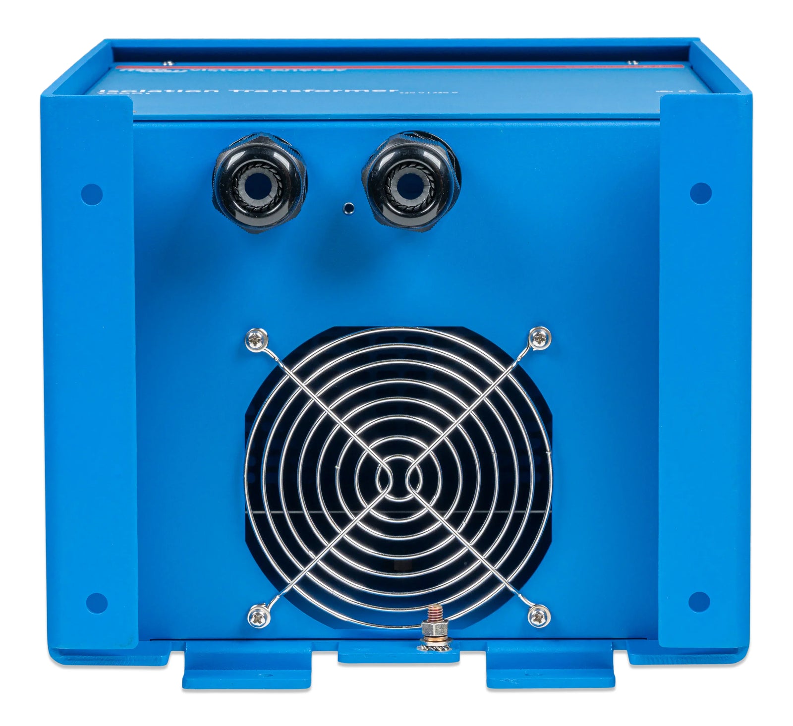 Underside view of isolation transformer showing cooling fan and dual cable glands