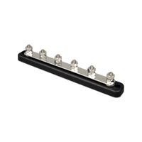 Isometric view of a 6P 150A busbar showing the copper strip and hex nuts