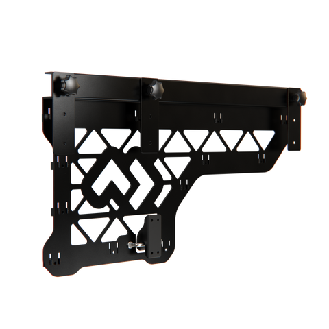 Left-hand black powder-coated steel universal mounting bracket with adjustment knobs and accessory slots