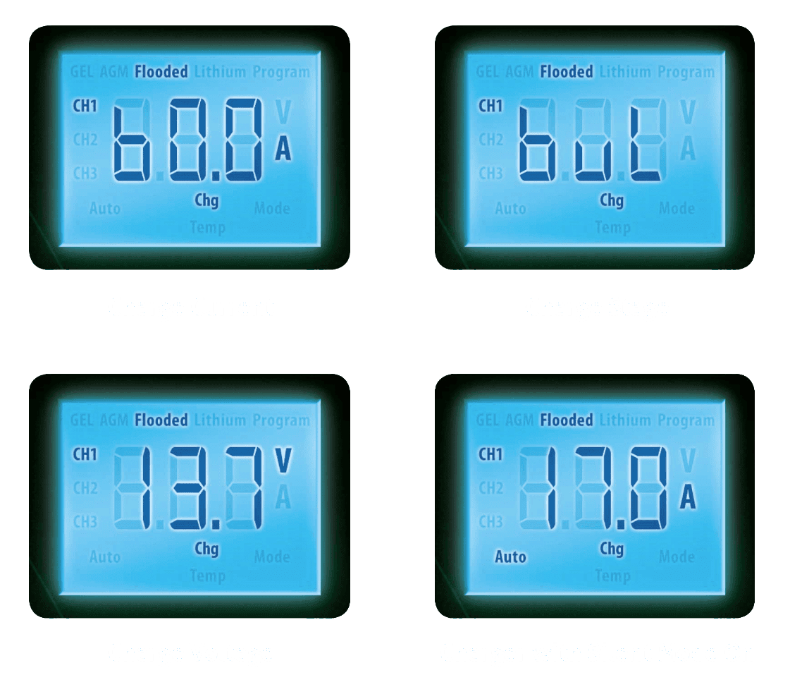Close-up examples of the LCD interface showing various voltage and current readings