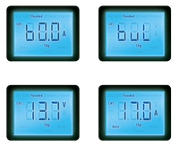 Four examples of the LCD display showing voltage and amperage readings