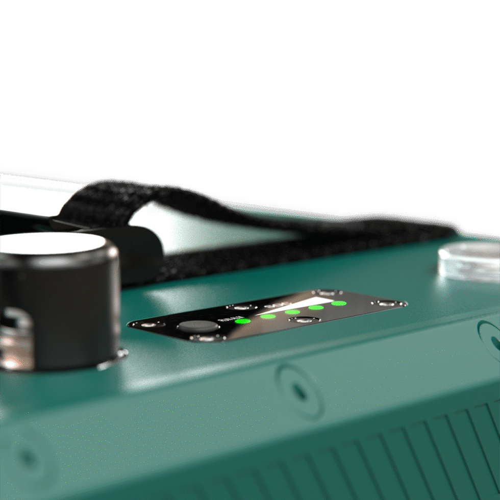 Illuminated LED state of charge indicator on top of the battery