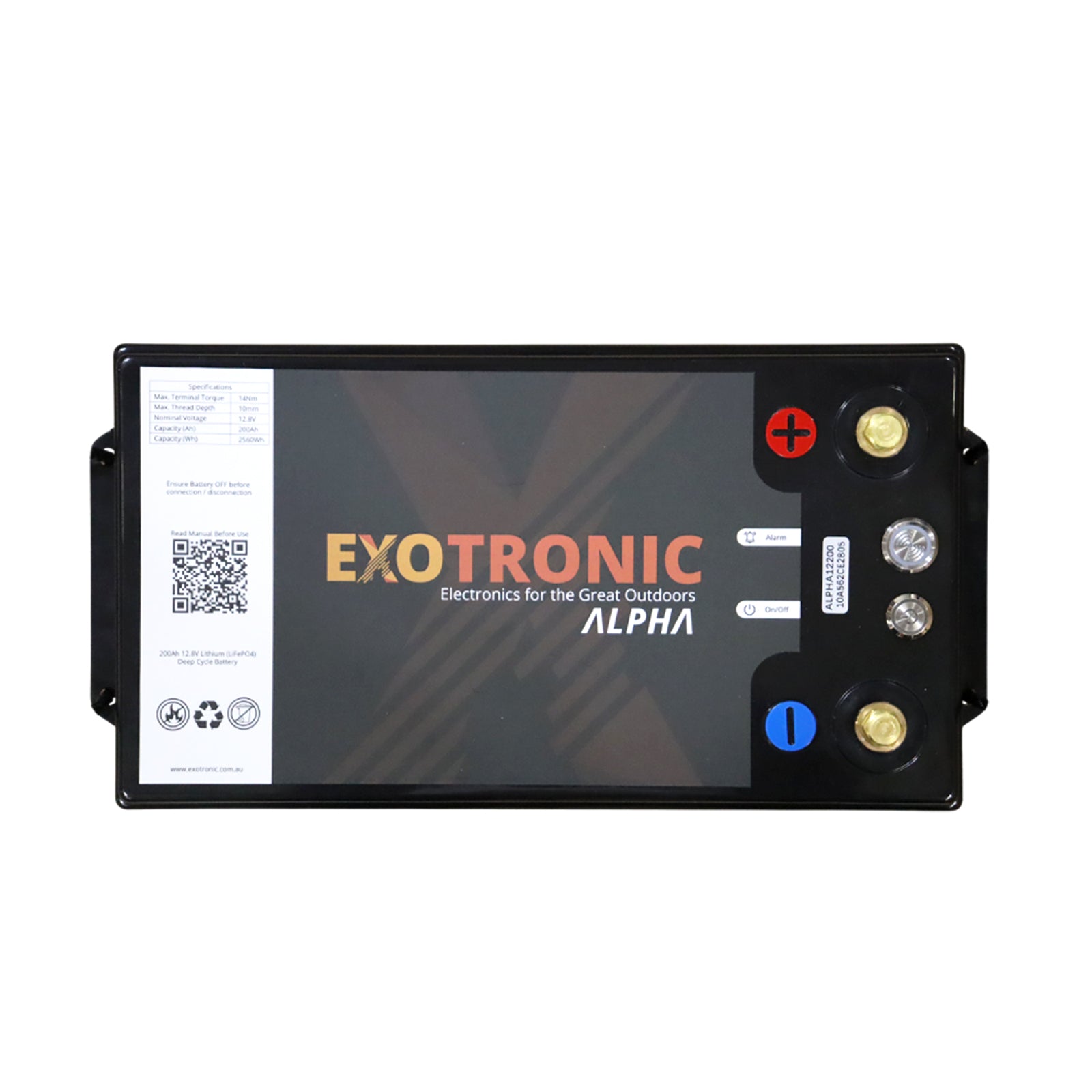 Top-down technical view of 200Ah lithium battery showing terminals, control buttons and specifications
