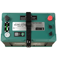 Overhead technical view of the battery showing terminals, SOC display, power button, and communication ports