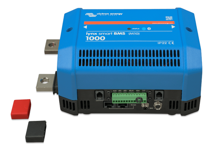 Victron Lynx Smart BMS 1000 with protective terminal covers removed showing M10 busbars