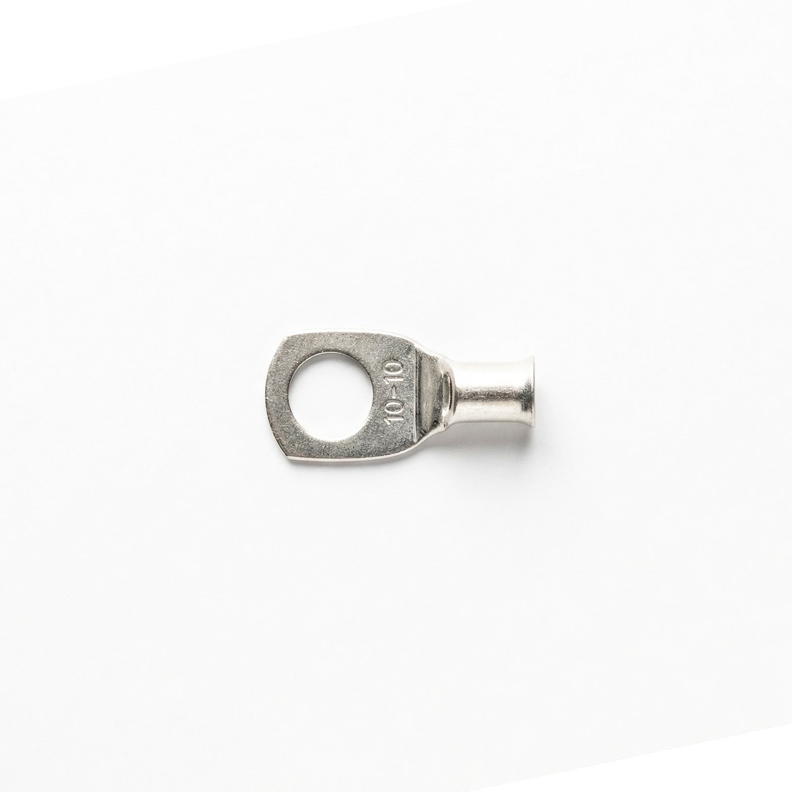 Flat top-down view of a 10mm² M10 tinned copper bellmouth lug