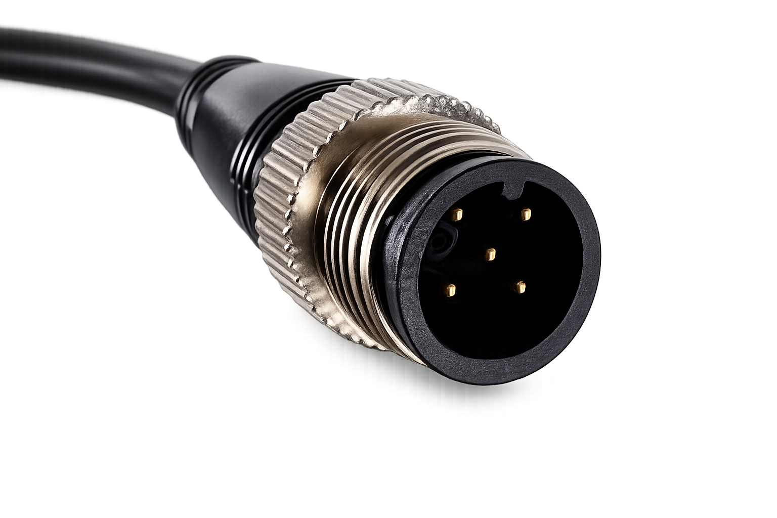 Close-up of 5-pin M12 NMEA2000 connector with gold-plated pins and metal locking nut