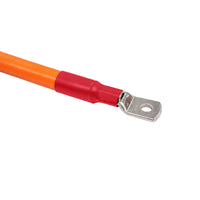 Close-up of M8 tinned copper lug and red heat shrink on orange SDI cable