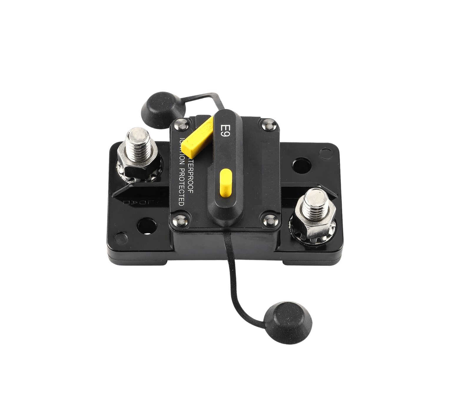 Side view highlighting the yellow manual reset lever and tethered protective caps