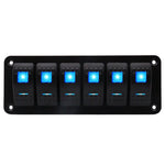 Front view of 6-gang marine rocker switch panel with blue LED indicators on black aluminium plate