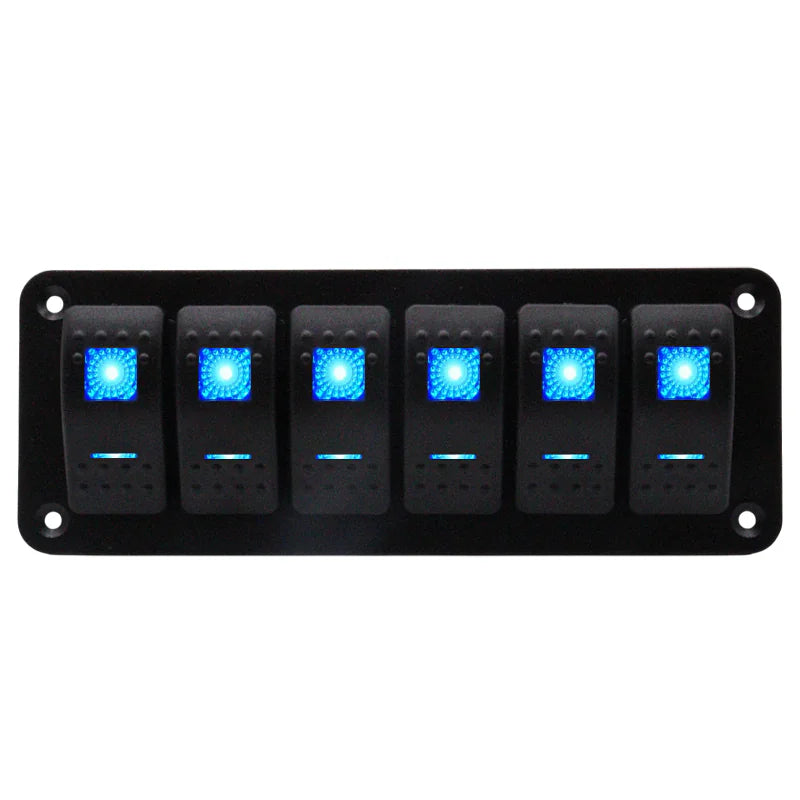 Front view of 6-gang marine rocker switch panel with blue LED indicators on black aluminium plate
