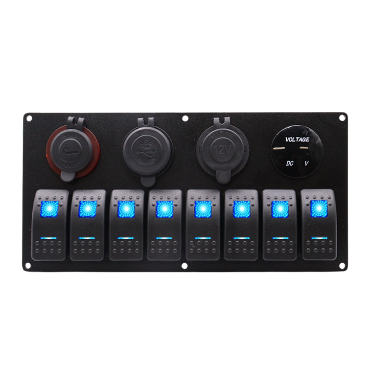 Front view of 8-gang marine switch panel with blue LED rockers, voltmeter, dual USB, and power sockets