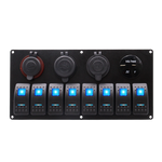 Front view of 8-gang marine switch panel with blue LED rockers, voltmeter, dual USB, and power sockets