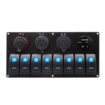 Front view of 8-gang marine switch panel with blue LED rockers, voltmeter, dual USB, and power sockets