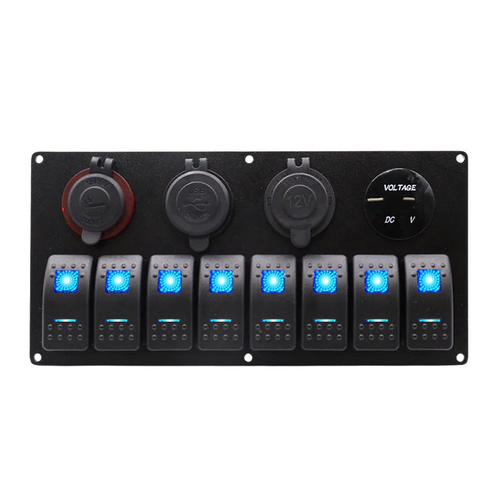 Front view of 8-gang marine switch panel with blue LED rockers, voltmeter, dual USB, and power sockets